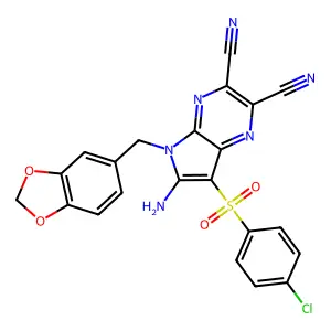 6-amino-5-(1,3-benzodioxol-5-ylmethyl)-7-(4-chlorophenyl)sulfonylpyrrolo[2,3-b]pyrazine-2,3-dicarbonitrile structure