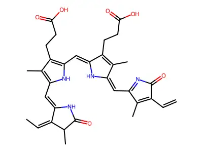 3-[2-[[3-(2-carboxyethyl)-5-[(3-ethylidene-4-methyl-5-oxopyrrolidin-2-ylidene)methyl]-4-methyl-1H-pyrrol-2-yl]methylidene]-5-[(4-ethenyl-3-methyl-5-oxopyrrol-2-yl)methylidene]-4-methylpyrrol-3-yl]propanoic acid structure
