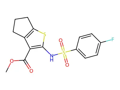 methyl 2-[(4-fluorophenyl)sulfonylamino]-5,6-dihydro-4H-cyclopenta[b]thiophene-3-carboxylate structure