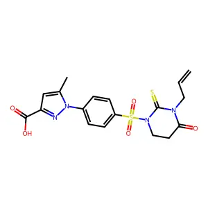 5-methyl-1-[4-[(4-oxo-3-prop-2-enyl-2-sulfanylidene-1,3-diazinan-1-yl)sulfonyl]phenyl]pyrazole-3-carboxylic acid structure