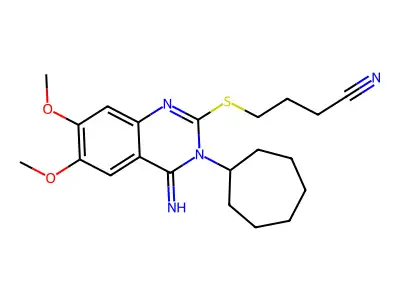 4-[(3-cycloheptyl-4-imino-6,7-dimethoxy-3,4-dihydro-2-quinazolinyl)sulfanyl]butanenitrile structure