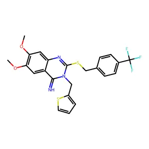 6,7-dimethoxy-3-(2-thienylmethyl)-2-{[4-(trifluoromethyl)benzyl]sulfanyl}-4(3H)-quinazolinimine structure