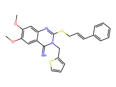2-cinnamylsulfanyl-6,7-dimethoxy-3-(thiophen-2-ylmethyl)quinazolin-4-imine structure