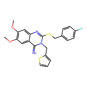 2-[(4-fluorobenzyl)sulfanyl]-6,7-dimethoxy-3-(2-thienylmethyl)-4(3H)-quinazolinimine structure