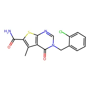 3-[(2-Chlorophenyl)methyl]-5-methyl-4-oxothieno[2,3-d]pyrimidine-6-carboxamide structure