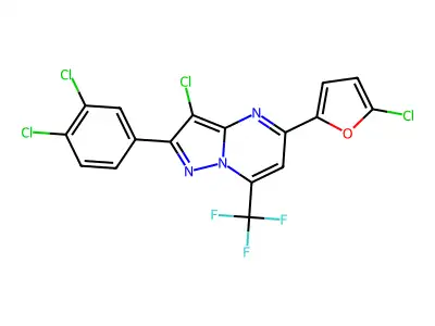 3-chloro-5-(5-chloro-2-furyl)-2-(3,4-dichlorophenyl)-7-(trifluoromethyl)pyrazolo[1,5-a]pyrimidine structure