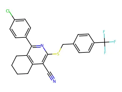 1-(4-chlorophenyl)-3-[[4-(trifluoromethyl)phenyl]methylsulfanyl]-5,6,7,8-tetrahydroisoquinoline-4-carbonitrile structure
