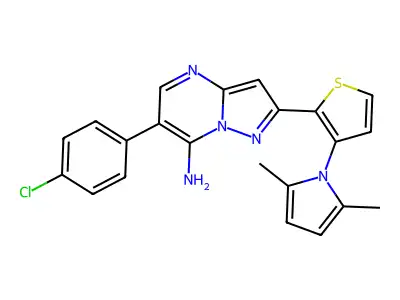6-(4-chlorophenyl)-2-[3-(2,5-dimethylpyrrol-1-yl)thiophen-2-yl]pyrazolo[1,5-a]pyrimidin-7-amine structure