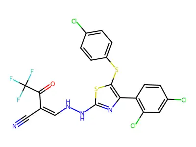 (Z)-3-{2-[5-[(4-chlorophenyl)sulfanyl]-4-(2,4-dichlorophenyl)-1,3-thiazol-2-yl]hydrazino}-2-(2,2,2-trifluoroacetyl)-2-propenenitrile structure