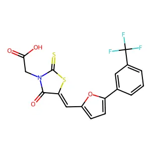 [(5E)-4-oxo-2-thioxo-5-({5-[3-(trifluoromethyl)phenyl]furan-2-yl}methylidene)-1,3-thiazolidin-3-yl]acetic acid structure