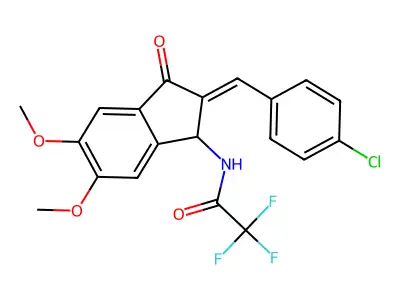N-[2-[(4-chlorophenyl)methylidene]-5,6-dimethoxy-3-oxo-1H-inden-1-yl]-2,2,2-trifluoroacetamide structure