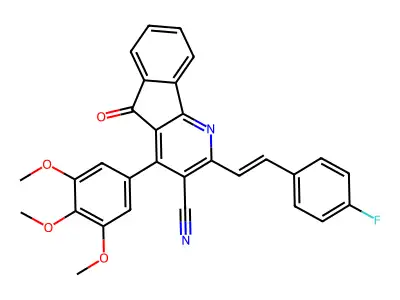 2-[(E)-2-(4-fluorophenyl)ethenyl]-5-oxo-4-(3,4,5-trimethoxyphenyl)-5H-indeno[1,2-b]pyridine-3-carbonitrile structure