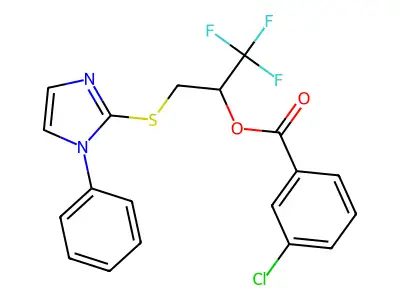 2,2,2-trifluoro-1-{[(1-phenyl-1H-imidazol-2-yl)sulfanyl]methyl}ethyl 3-chlorobenzenecarboxylate structure