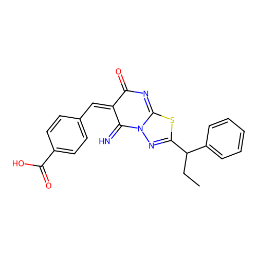 4-{(E)-[5-imino-7-oxo-2-(1-phenylpropyl)-5H-[1,3,4]thiadiazolo[3,2-a]pyrimidin-6(7H)-ylidene]methyl}benzoic acid structure