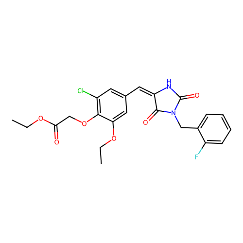 ethyl (2-chloro-6-ethoxy-4-{(E)-[1-(2-fluorobenzyl)-2,5-dioxoimidazolidin-4-ylidene]methyl}phenoxy)acetate structure