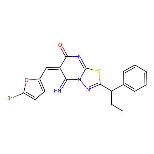 (6E)-6-[(5-bromofuran-2-yl)methylidene]-5-imino-2-(1-phenylpropyl)-[1,3,4]thiadiazolo[3,2-a]pyrimidin-7-one structure