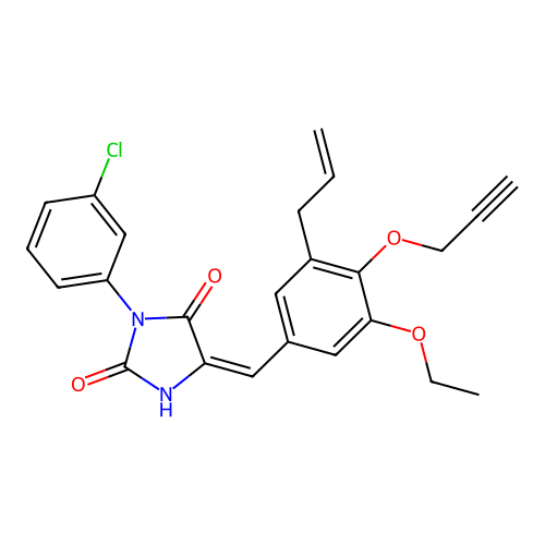 (5E)-3-(3-chlorophenyl)-5-[(3-ethoxy-5-prop-2-enyl-4-prop-2-ynoxyphenyl)methylidene]imidazolidine-2,4-dione structure
