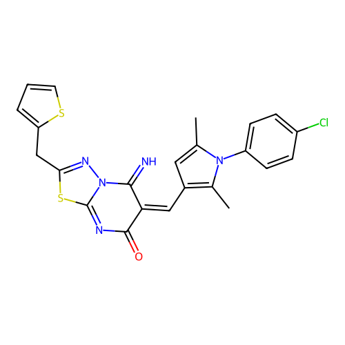 (6E)-6-[[1-(4-chlorophenyl)-2,5-dimethylpyrrol-3-yl]methylidene]-5-imino-2-(thiophen-2-ylmethyl)-[1,3,4]thiadiazolo[3,2-a]pyrimidin-7-one structure