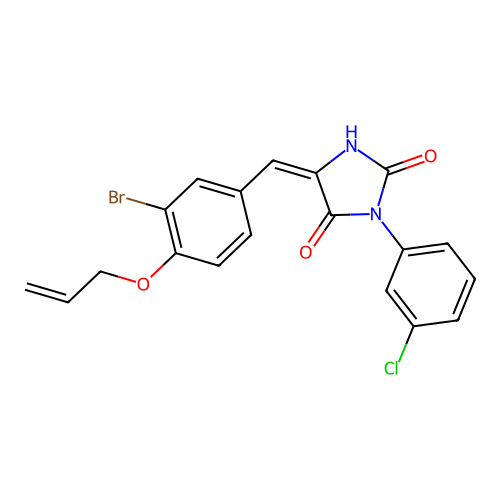(5E)-5-[3-bromo-4-(prop-2-en-1-yloxy)benzylidene]-3-(3-chlorophenyl)imidazolidine-2,4-dione structure