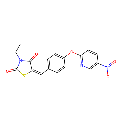 (5E)-3-ethyl-5-[[4-(5-nitropyridin-2-yl)oxyphenyl]methylidene]-1,3-thiazolidine-2,4-dione structure