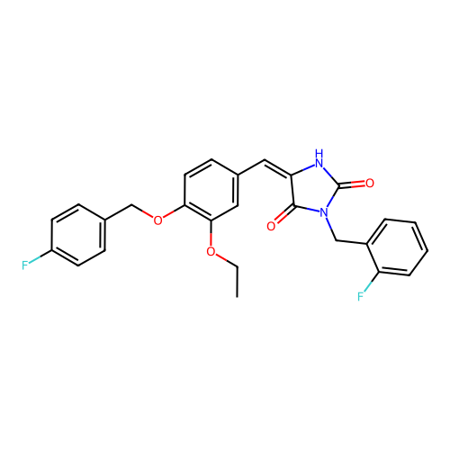 (5E)-5-[[3-ethoxy-4-[(4-fluorophenyl)methoxy]phenyl]methylidene]-3-[(2-fluorophenyl)methyl]imidazolidine-2,4-dione structure