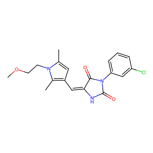 (5E)-3-(3-chlorophenyl)-5-{[1-(2-methoxyethyl)-2,5-dimethyl-1H-pyrrol-3-yl]methylidene}imidazolidine-2,4-dione structure