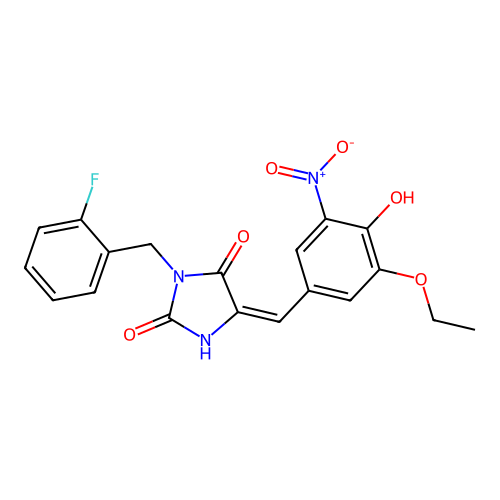 (5E)-5-(3-ethoxy-4-hydroxy-5-nitrobenzylidene)-3-(2-fluorobenzyl)imidazolidine-2,4-dione structure