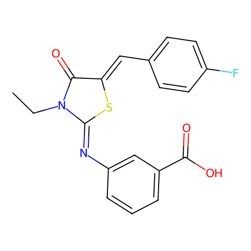 3-((E)-((Z)-3-ethyl-5-(4-fluorobenzylidene)-4-oxothiazolidin-2-ylidene)amino)benzoic acid structure
