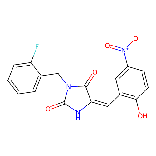 (5E)-3-(2-fluorobenzyl)-5-(2-hydroxy-5-nitrobenzylidene)imidazolidine-2,4-dione structure