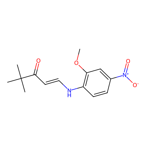 (E)-1-(2-methoxy-4-nitroanilino)-4,4-dimethylpent-1-en-3-one structure