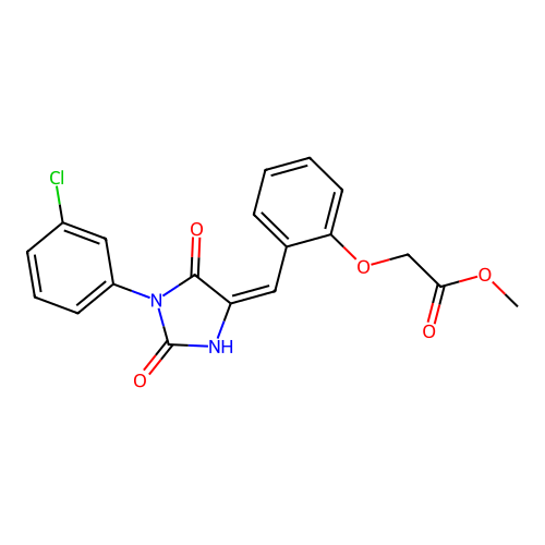 methyl (2-{(E)-[1-(3-chlorophenyl)-2,5-dioxoimidazolidin-4-ylidene]methyl}phenoxy)acetate structure