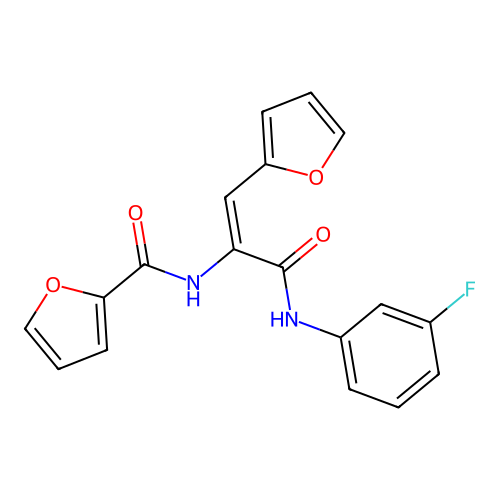 (E)-N-(3-((3-fluorophenyl)amino)-1-(furan-2-yl)-3-oxoprop-1-en-2-yl)furan-2-carboxamide structure