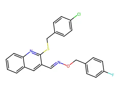 1-[2-[(4-chlorophenyl)methylsulfanyl]quinolin-3-yl]-N-[(4-fluorophenyl)methoxy]methanimine structure