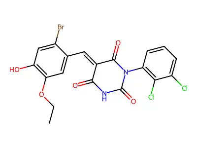 (5E)-5-(2-bromo-5-ethoxy-4-hydroxybenzylidene)-1-(2,3-dichlorophenyl)pyrimidine-2,4,6(1H,3H,5H)-trione structure