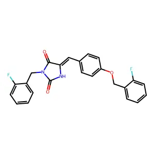 (5E)-5-[[4-[(2-fluorophenyl)methoxy]phenyl]methylidene]-3-[(2-fluorophenyl)methyl]imidazolidine-2,4-dione structure