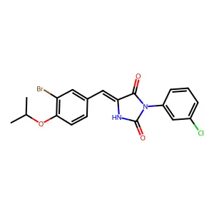 (5E)-5-[3-bromo-4-(propan-2-yloxy)benzylidene]-3-(3-chlorophenyl)imidazolidine-2,4-dione structure