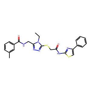 N-[[4-ethyl-5-[2-oxo-2-[(4-phenyl-1,3-thiazol-2-yl)amino]ethyl]sulfanyl-1,2,4-triazol-3-yl]methyl]-3-methylbenzamide structure