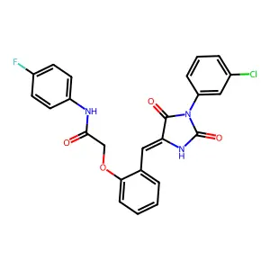 2-(2-{(E)-[1-(3-chlorophenyl)-2,5-dioxoimidazolidin-4-ylidene]methyl}phenoxy)-N-(4-fluorophenyl)acetamide structure
