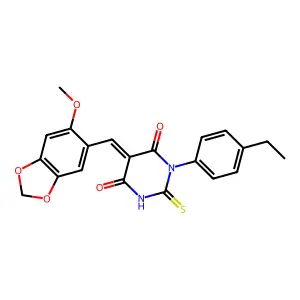 (5Z)-1-(4-ethylphenyl)-5-[(6-methoxy-1,3-benzodioxol-5-yl)methylidene]-2-sulfanylidene-1,3-diazinane-4,6-dione structure