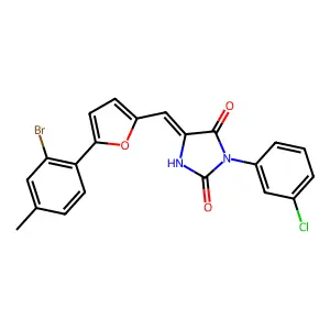 (5Z)-5-[[5-(2-bromo-4-methylphenyl)furan-2-yl]methylidene]-3-(3-chlorophenyl)imidazolidine-2,4-dione structure