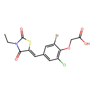 {2-bromo-6-chloro-4-[(E)-(3-ethyl-2,4-dioxo-1,3-thiazolidin-5-ylidene)methyl]phenoxy}acetic acid structure