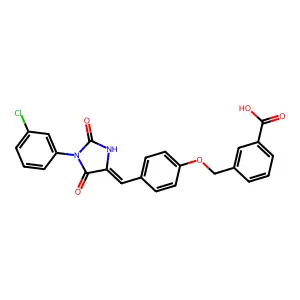 3-[(4-{(E)-[1-(3-chlorophenyl)-2,5-dioxoimidazolidin-4-ylidene]methyl}phenoxy)methyl]benzoic acid structure