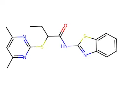 N-(1,3-benzothiazol-2-yl)-2-(4,6-dimethylpyrimidin-2-yl)sulfanylbutanamide structure