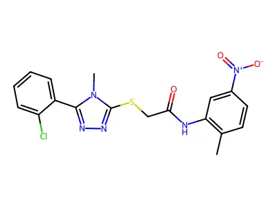 2-[[5-(2-chlorophenyl)-4-methyl-1,2,4-triazol-3-yl]sulfanyl]-N-(2-methyl-5-nitrophenyl)acetamide structure