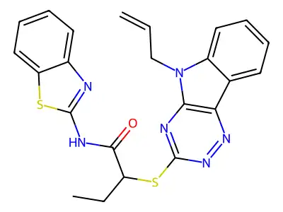 N-(1,3-benzothiazol-2-yl)-2-[(5-prop-2-enyl-[1,2,4]triazino[5,6-b]indol-3-yl)sulfanyl]butanamide structure