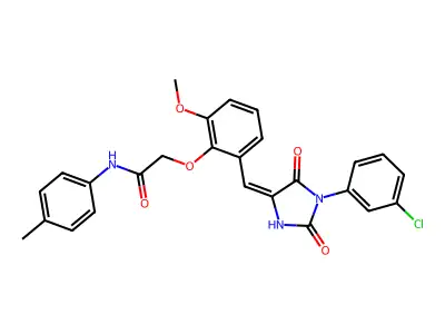 2-(2-{(E)-[1-(3-chlorophenyl)-2,5-dioxoimidazolidin-4-ylidene]methyl}-6-methoxyphenoxy)-N-(4-methylphenyl)acetamide structure