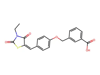 3-({4-[(E)-(3-ethyl-2,4-dioxo-1,3-thiazolidin-5-ylidene)methyl]phenoxy}methyl)benzoic acid structure