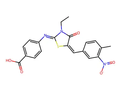 4-{[(2Z,5E)-3-ethyl-5-(4-methyl-3-nitrobenzylidene)-4-oxo-1,3-thiazolidin-2-ylidene]amino}benzoic acid structure