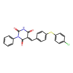 (5E)-5-[[4-(4-chlorophenyl)sulfanylphenyl]methylidene]-1-phenyl-1,3-diazinane-2,4,6-trione structure