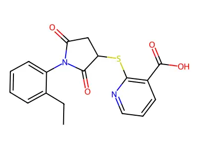 2-[1-(2-Ethylphenyl)-2,5-dioxoazolidin-3-ylthio]pyridine-3-carboxylic acid structure